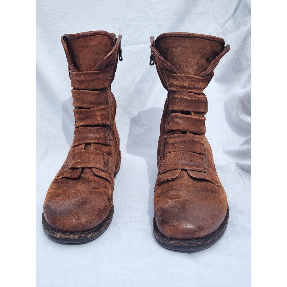 AS98 Brown Distressed Suede Multi-Strap Side Zip Mid-Calf Boots Womens EU38